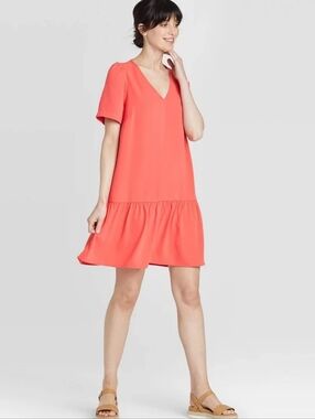 A New Day V-Neck Short Sleeve Ruffle-Hem Dress in Coral Size S